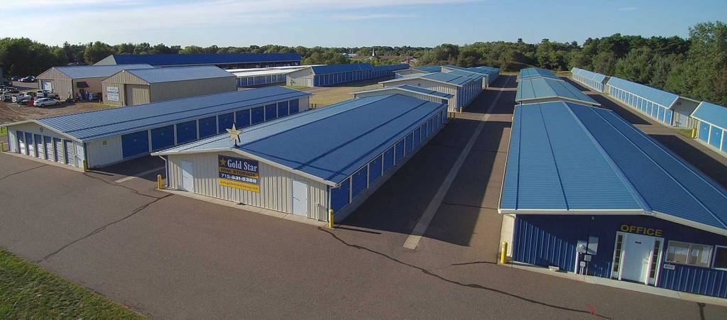 Closer aerial view of Gold Star Mini Storage buildings and drive lanes
