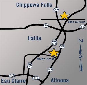 Map showing Gold Star Mini Storage just off Melby Road near the Hwy 53 bypass